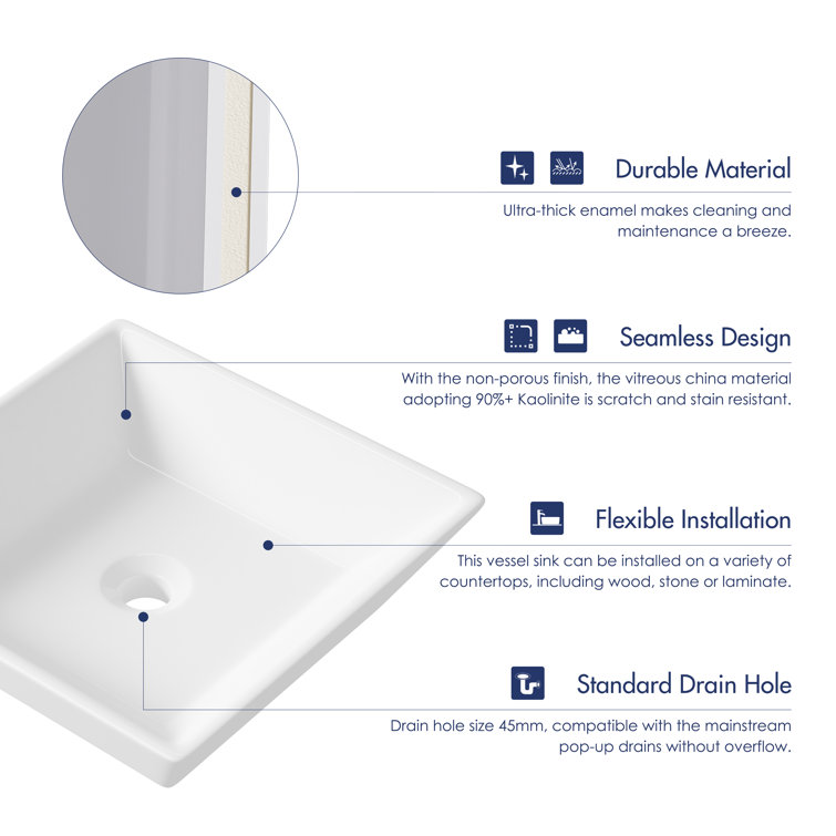 Naples 16.5" White Ceramic Square Vessel Sink