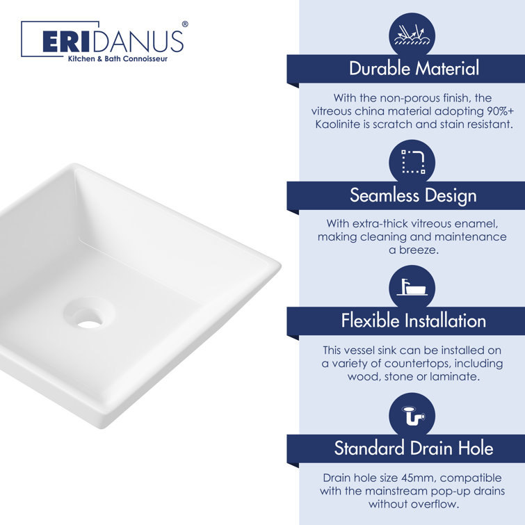 Naples 16.5" White Ceramic Square Vessel Sink