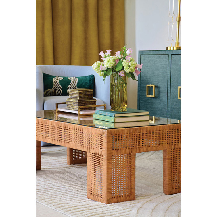Nude Rectangular Woven Rattan Cocktail Table with Glass Top