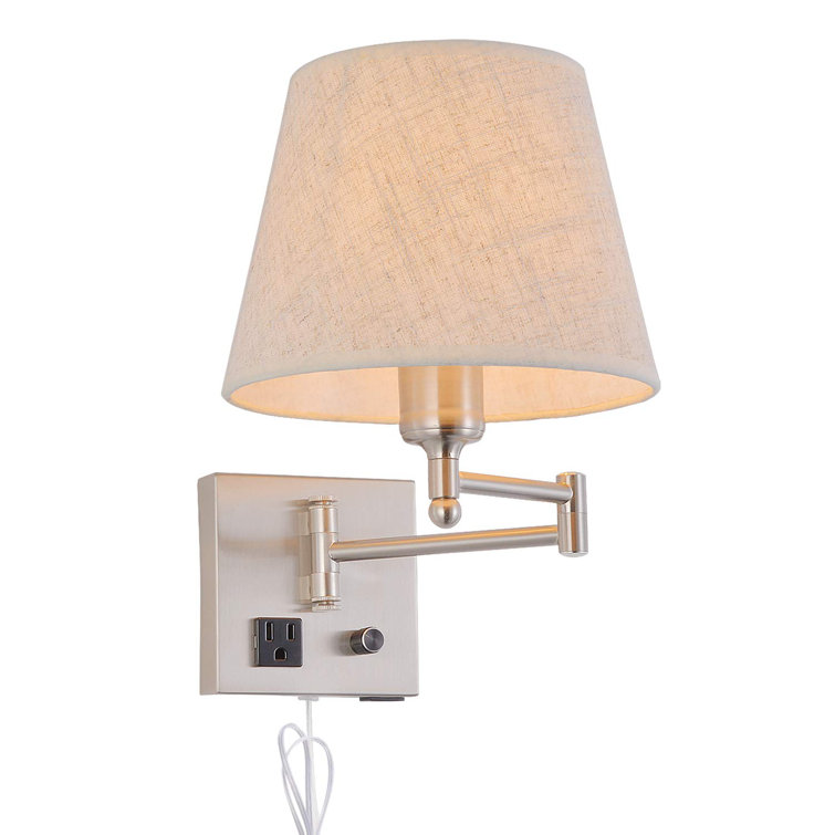 Satin Nickel Swing Arm Wall Sconce with Linen Shade