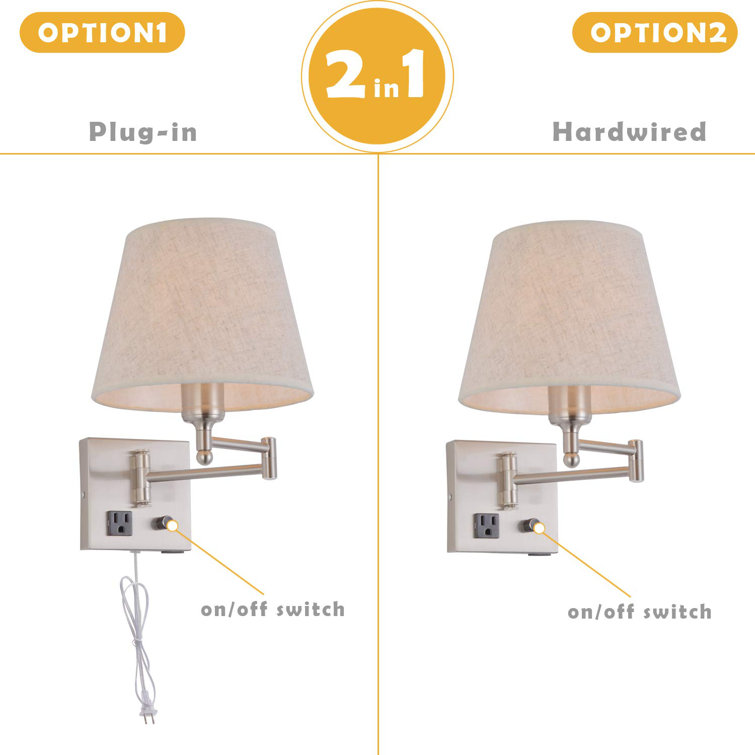 Satin Nickel Swing Arm Wall Sconce with Linen Shade