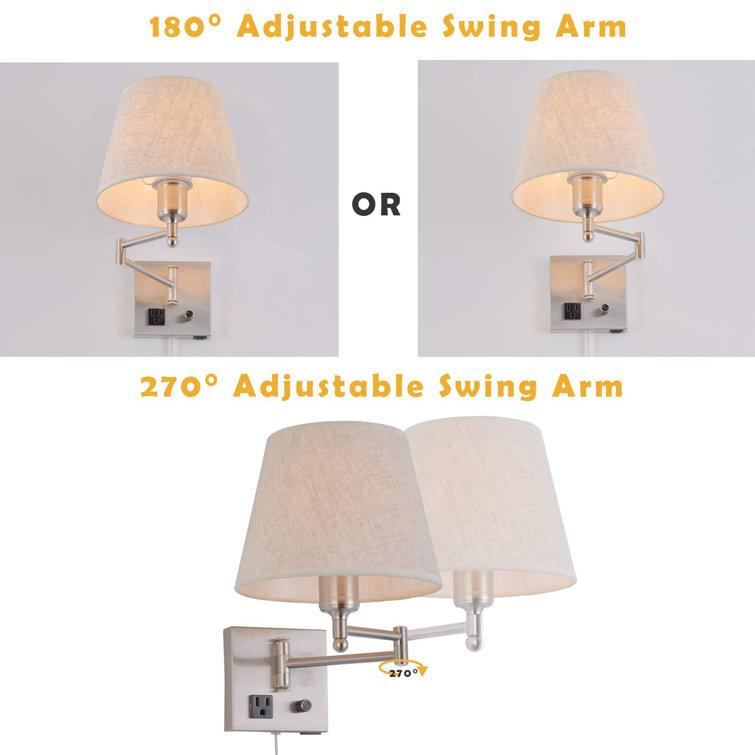 Satin Nickel Swing Arm Wall Sconce with Linen Shade