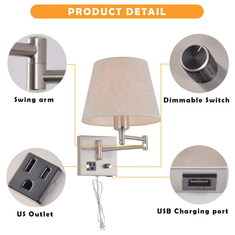 Satin Nickel Swing Arm Wall Sconce with Linen Shade