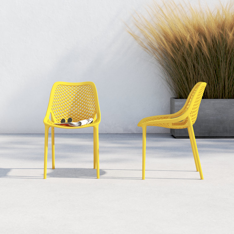Yellow Stackable UV Resistant Plastic Outdoor Dining Chairs, Set of 2