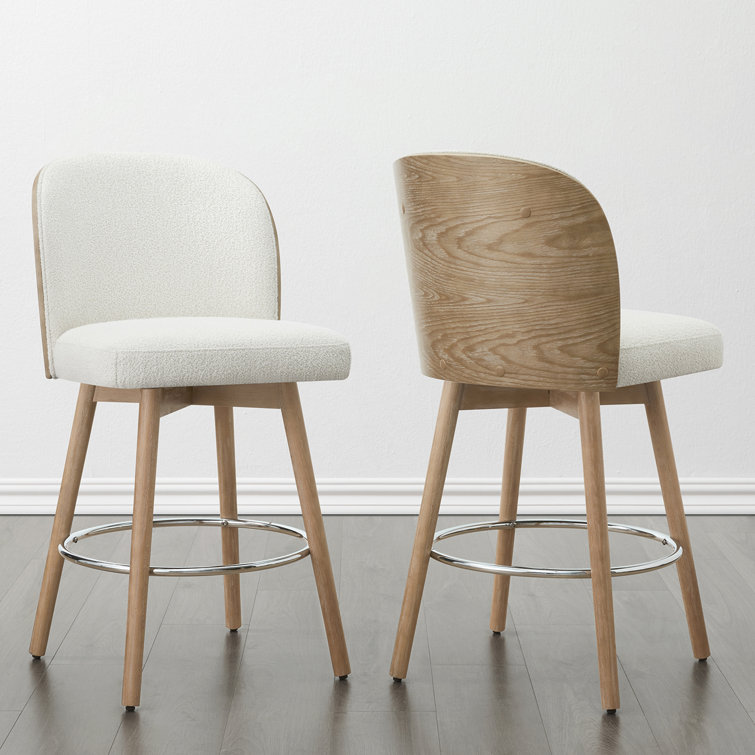 Cream Upholstered Swivel Bar Stools with Wood Legs, Set of 2