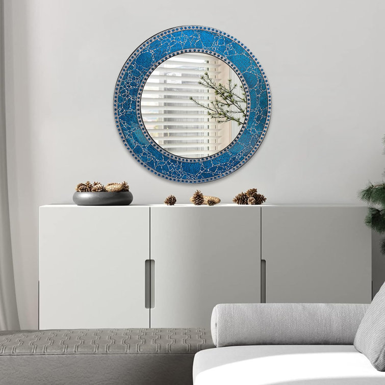 24-Inch Round Blue Crackled Glass Mosaic Wall Mirror