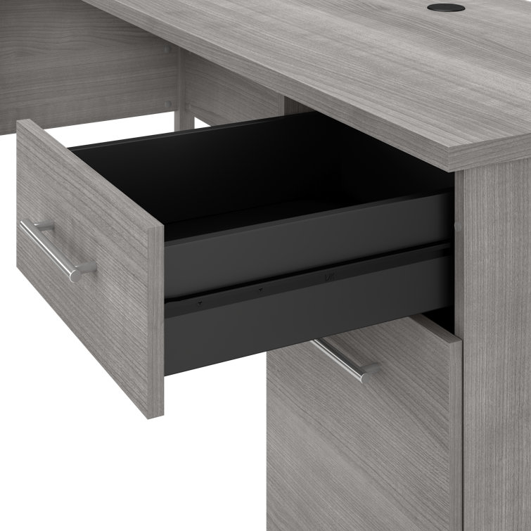 Platinum Gray Transitional L-Shaped Desk with Hutch and Bookcase