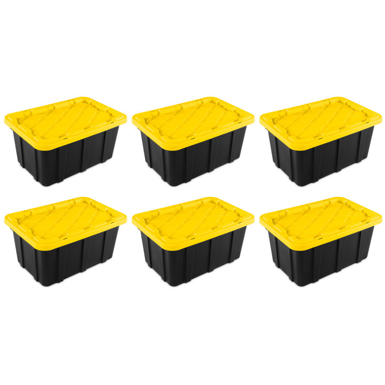 Sterilite 17 Gallon Black and Yellow Stackable Plastic Storage Totes, 6 Pack