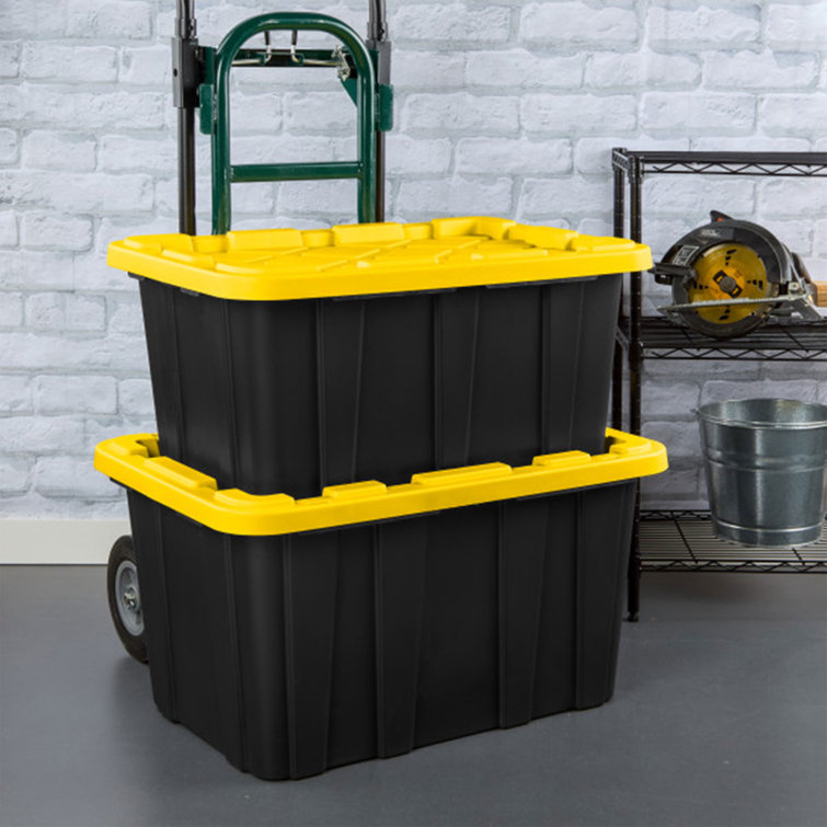 Sterilite 17 Gallon Black and Yellow Stackable Plastic Storage Totes, 6 Pack