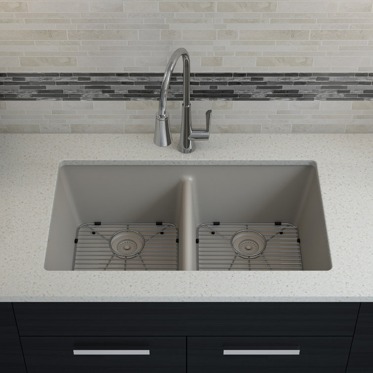 32" Gray Quartz Double Bowl Drop-in Kitchen Sink