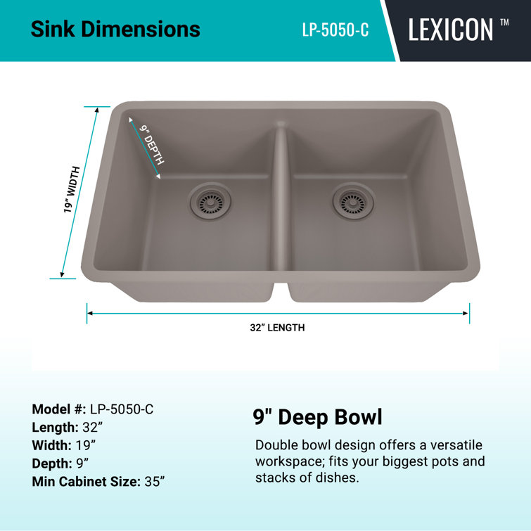 32" Gray Quartz Double Bowl Drop-in Kitchen Sink