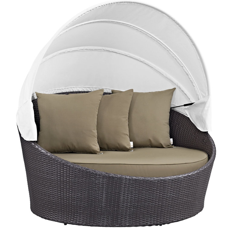 Espresso Mocha Round Wicker Rattan Outdoor Patio Daybed with Canopy