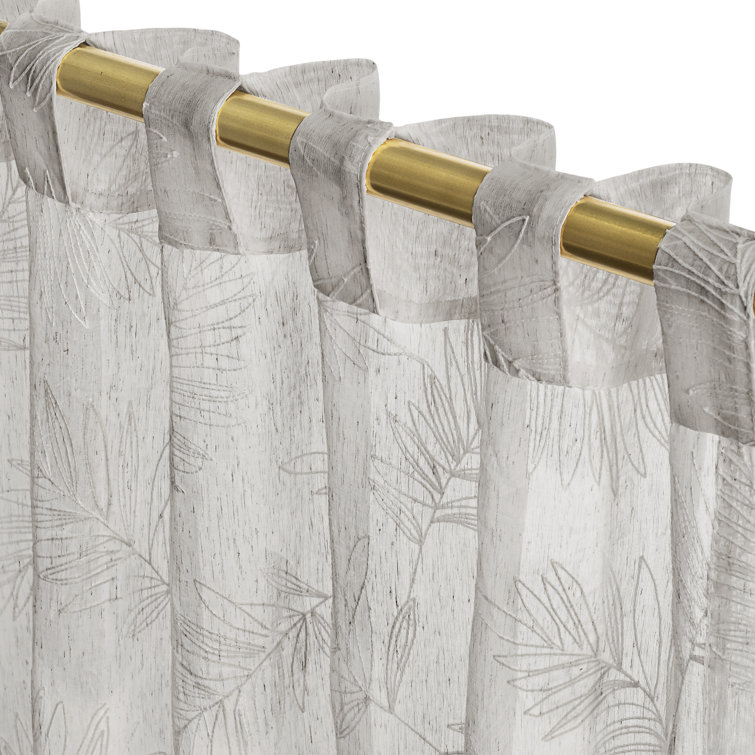 Gray Sheer Leaf Embroidered Rod Pocket Curtain Panel