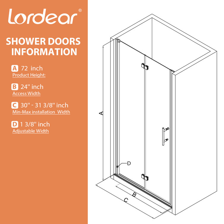Matte Black Frameless Glass Bifold Shower Door 30" x 72"