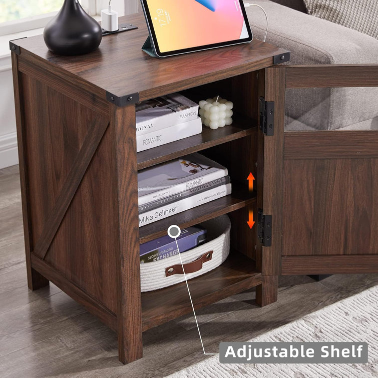 Brown Farmhouse End Table with Charging Station and Adjustable Shelf