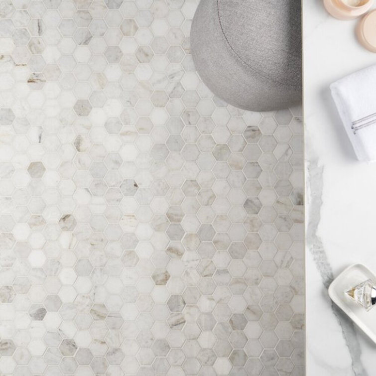 Frost White Polished Marble Hexagon Mosaic Tile 12" x 12"