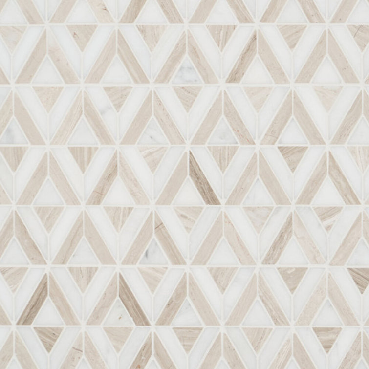 Wooden Beige and White Geometric Marble Mosaic Tile Sheet