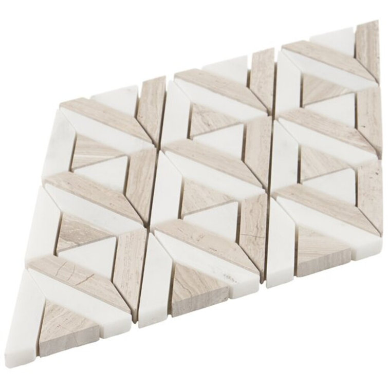 Wooden Beige and White Geometric Marble Mosaic Tile Sheet