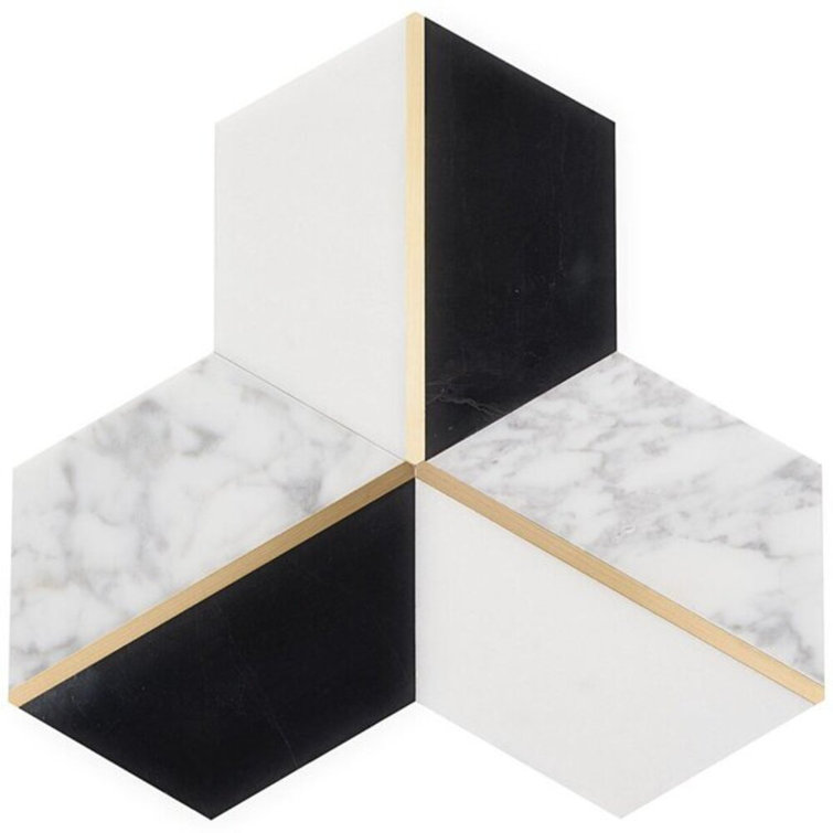 Millenium Nero Polished Marble and Brass Hexagon Mosaic Tile