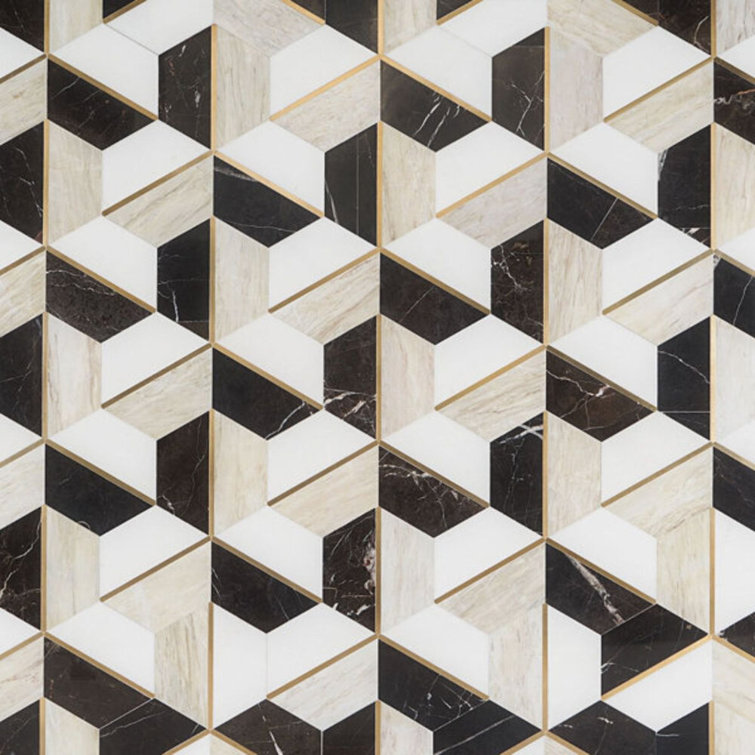 Saint Laurent Polished Marble and Brass Hexagonal Mosaic Tile