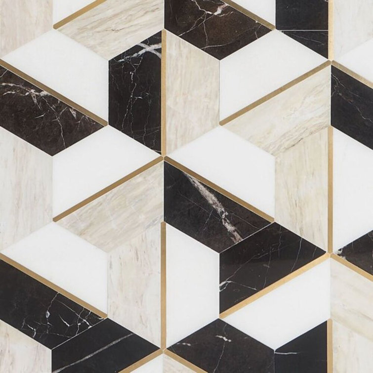 Saint Laurent Polished Marble and Brass Hexagonal Mosaic Tile