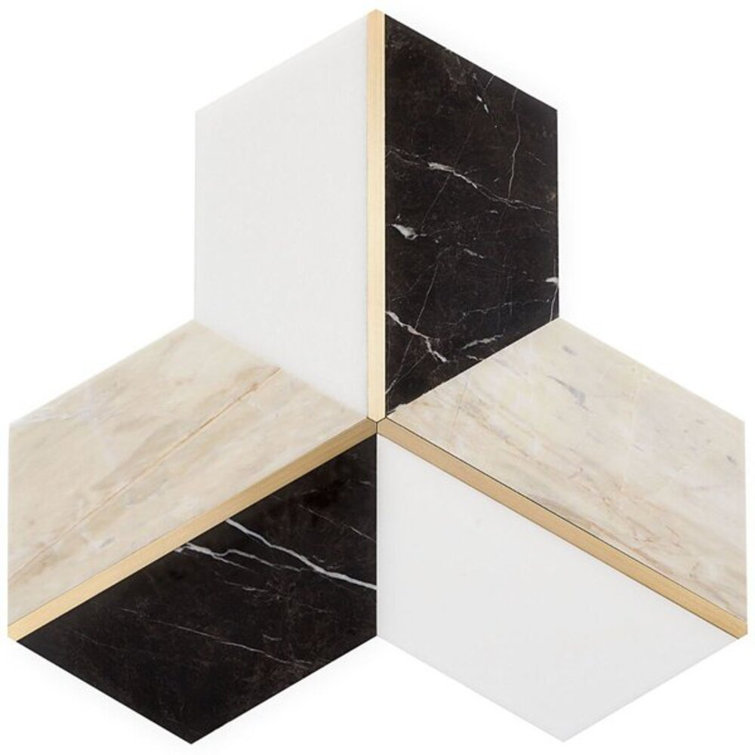 Saint Laurent Polished Marble and Brass Hexagonal Mosaic Tile