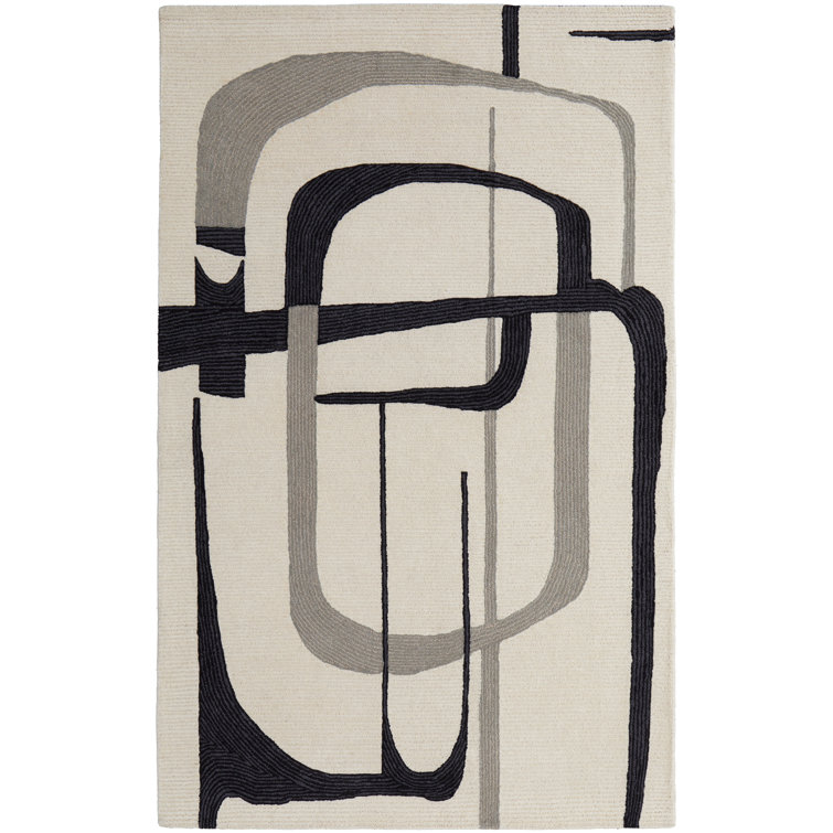 Handmade Black and Ivory Abstract Wool Rug, 8' x 10'