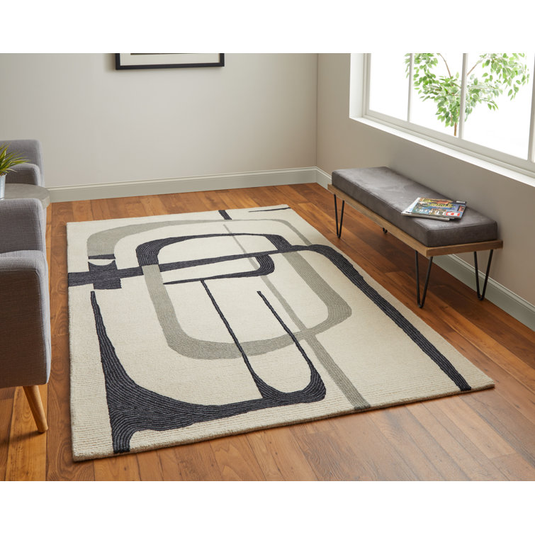 Handmade Black and Ivory Wool Abstract Rug, 8' x 10'