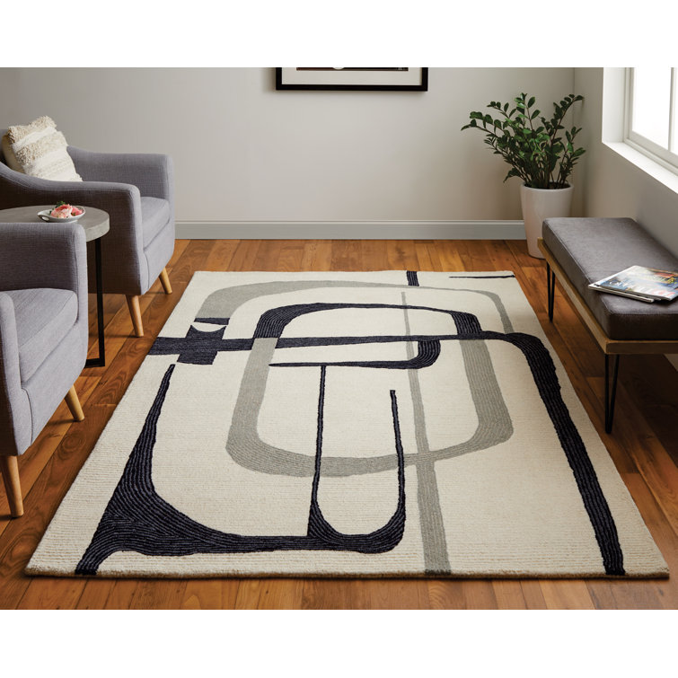 Handmade Black and Ivory Wool Abstract Rug, 8' x 10'