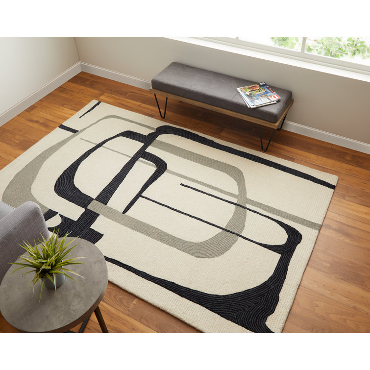 Handmade Black and Ivory Wool Abstract Rug, 8' x 10'