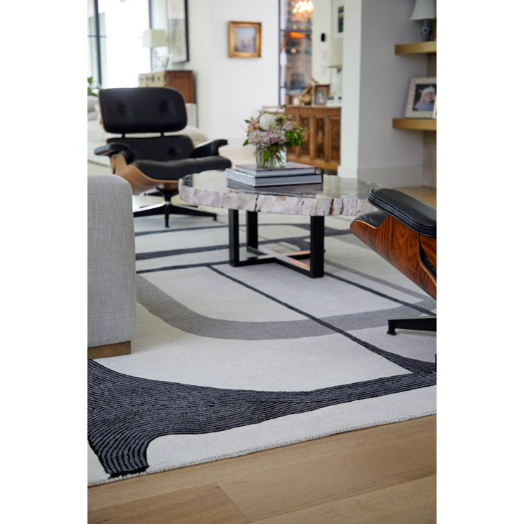 Handmade Black and Ivory Wool Abstract Rug, 8' x 10'