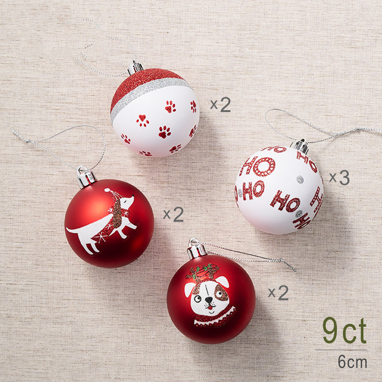Red and White Shatterproof Plastic Dog Christmas Ornaments Set