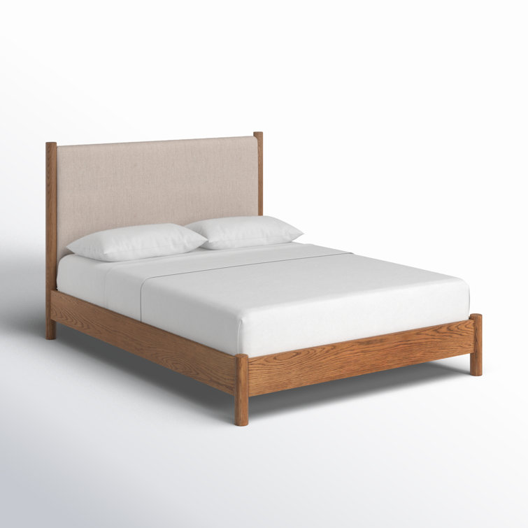 Queen Oak Upholstered Headboard Bed with Slats
