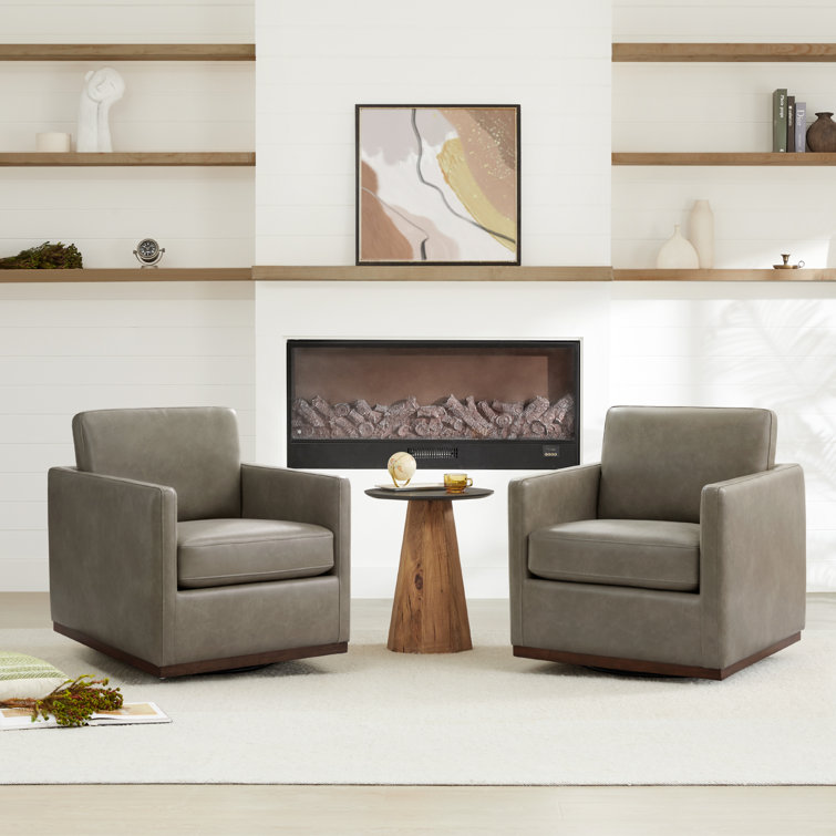 Light Gray Faux Leather Swivel Accent Chair Set with Wood Base