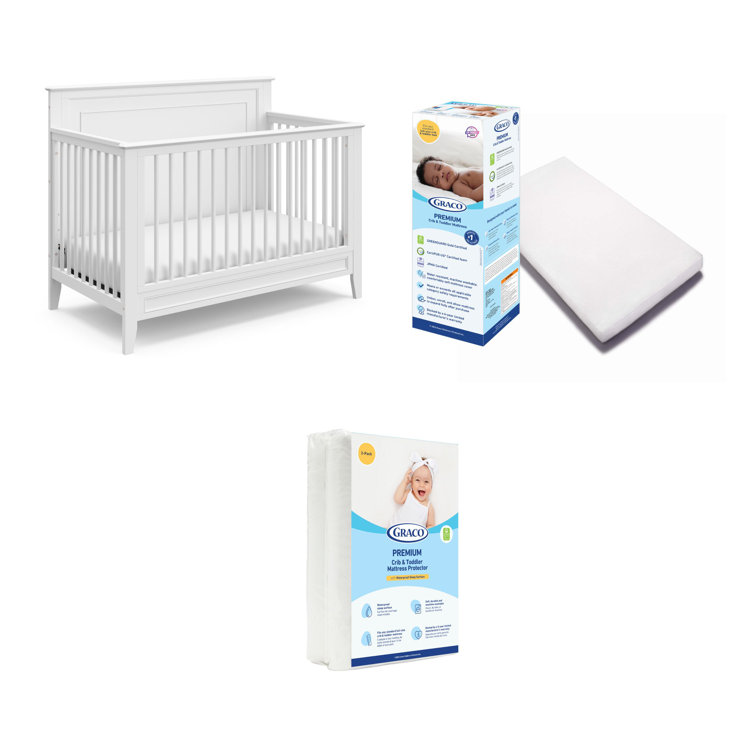 White 5-in-1 Convertible Crib with Mattress Protector
