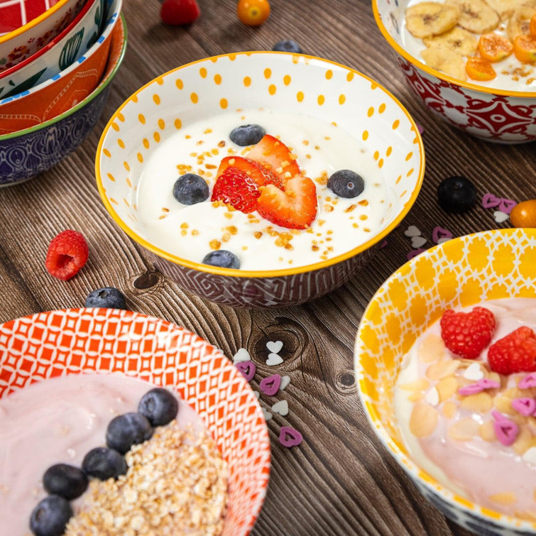 Mandala Pattern Orange and Blue Ceramic Cereal Bowls, Set of 6
