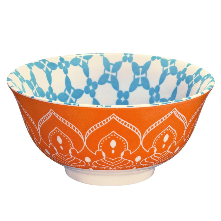 Mandala Pattern Orange and Blue Ceramic Cereal Bowls, Set of 6