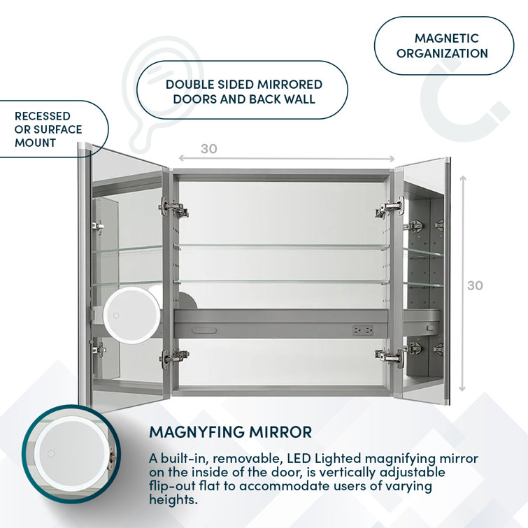Royale 30'' Silver Medicine Cabinet with LED Mirror