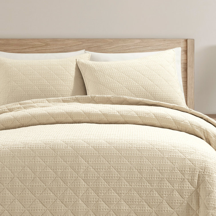 Haniya Neutral Waffle Woven Cotton Full Quilt Set