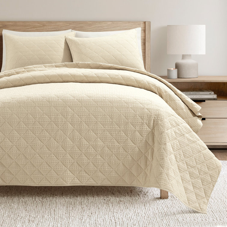 Haniya Neutral Waffle Woven Cotton Full Quilt Set