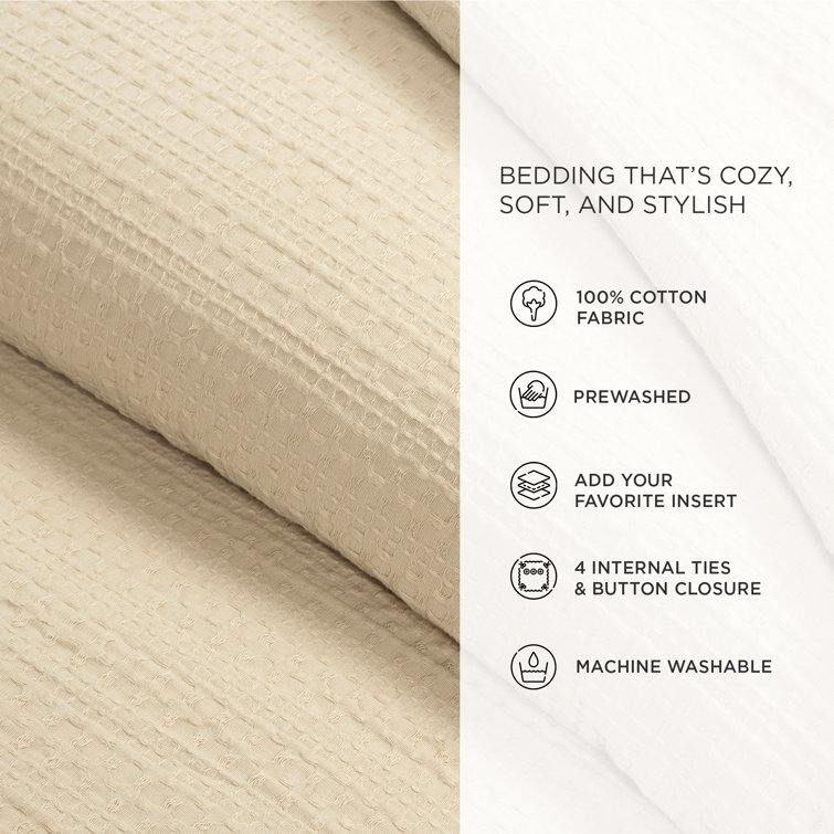 Haniya Neutral Waffle Woven Cotton Full/Queen Duvet Cover Set