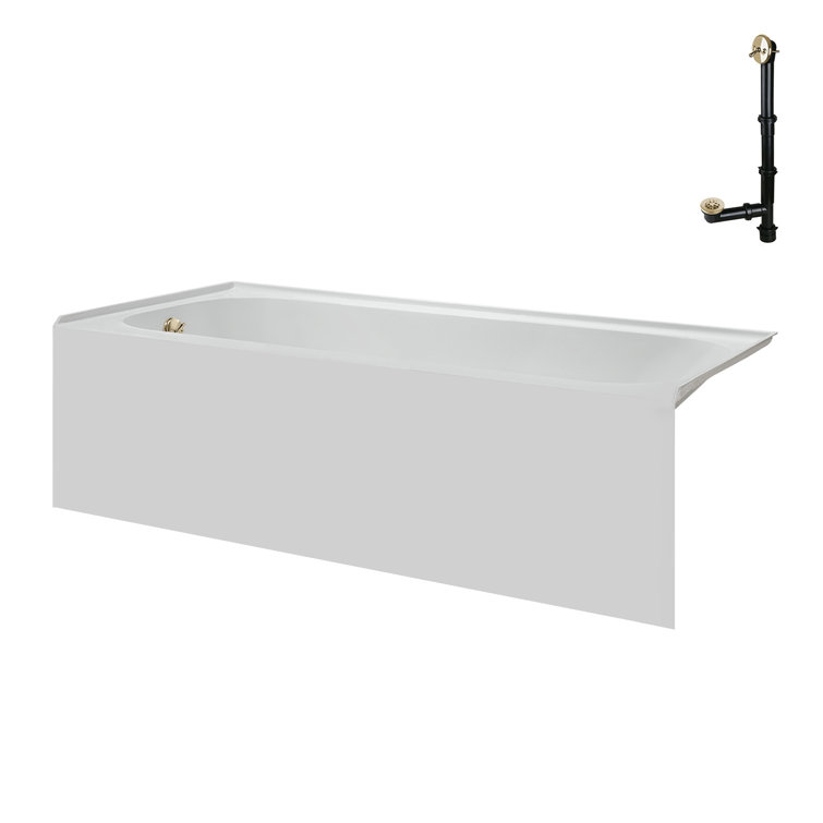66-Inch Glossy White Acrylic Alcove Bathtub with Polished Brass Drain