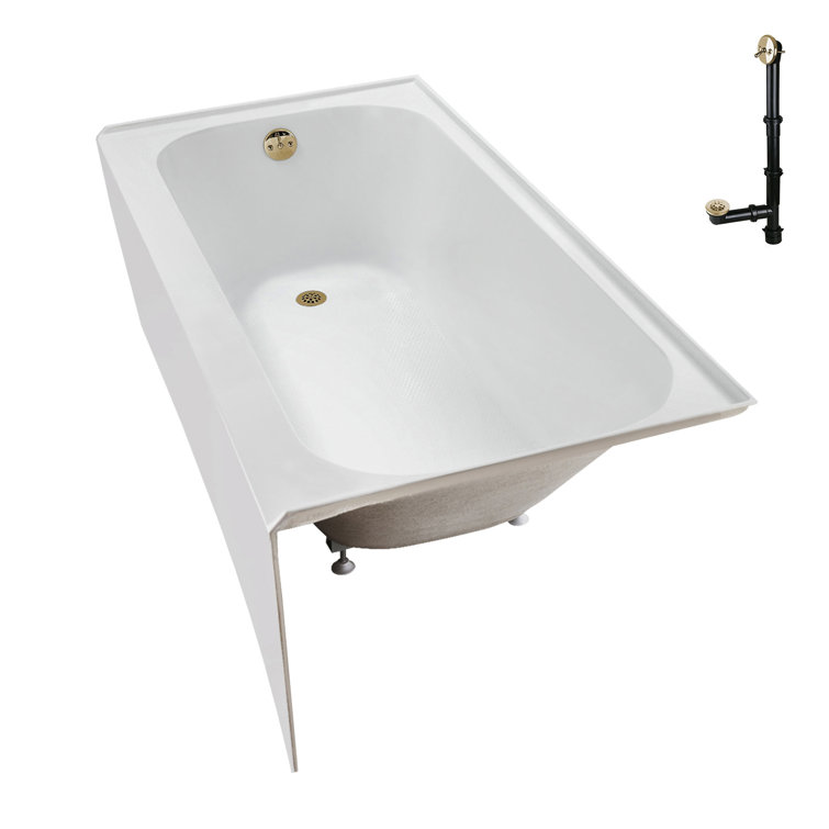 66-Inch Glossy White Acrylic Alcove Bathtub with Polished Brass Drain