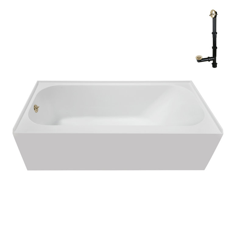 66-Inch Glossy White Acrylic Alcove Bathtub with Polished Brass Drain