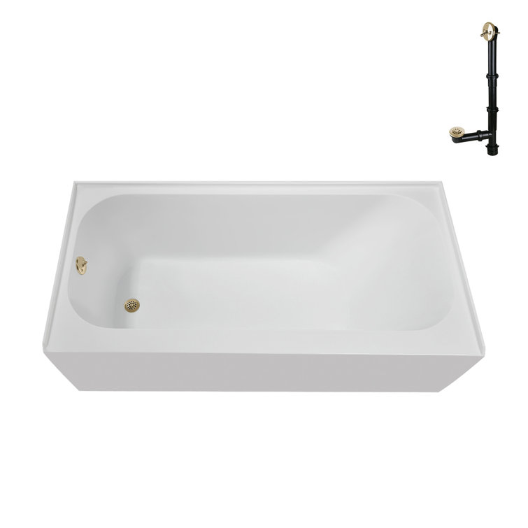 66-Inch Glossy White Acrylic Alcove Bathtub with Polished Brass Drain