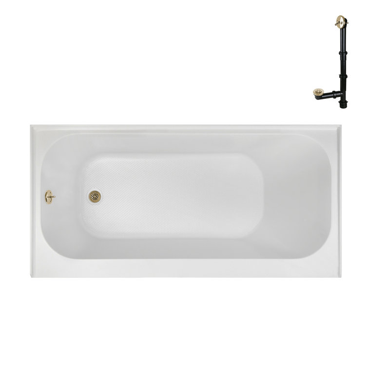66-Inch Glossy White Acrylic Alcove Bathtub with Polished Brass Drain