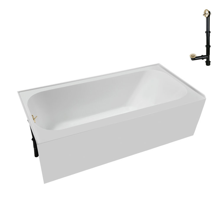 66-Inch Glossy White Acrylic Alcove Bathtub with Polished Brass Drain