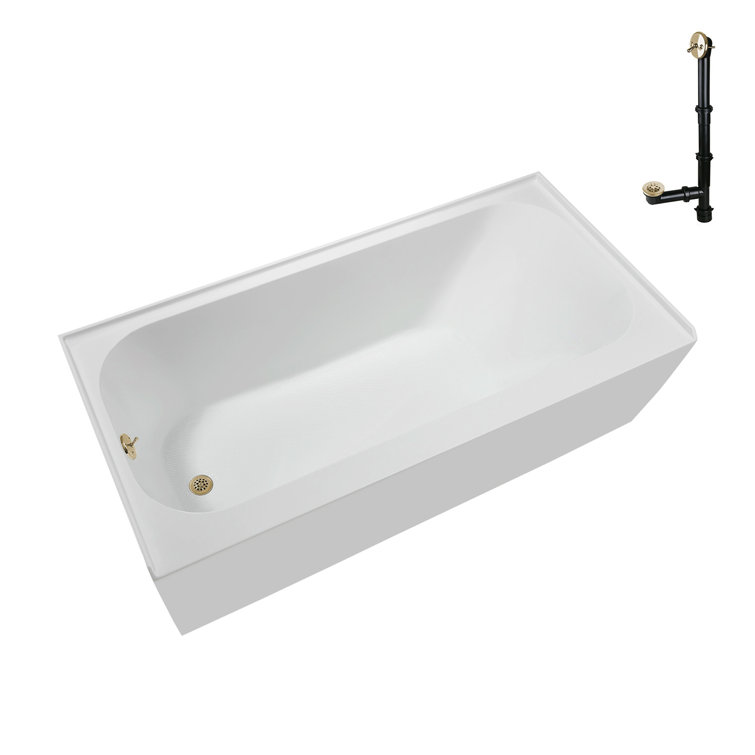 66-Inch Glossy White Acrylic Alcove Bathtub with Polished Brass Drain