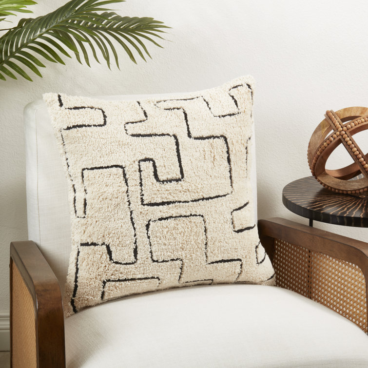 Geometric Splendor Tufted Cotton Throw Pillow, 20" x 20", Black and Beige