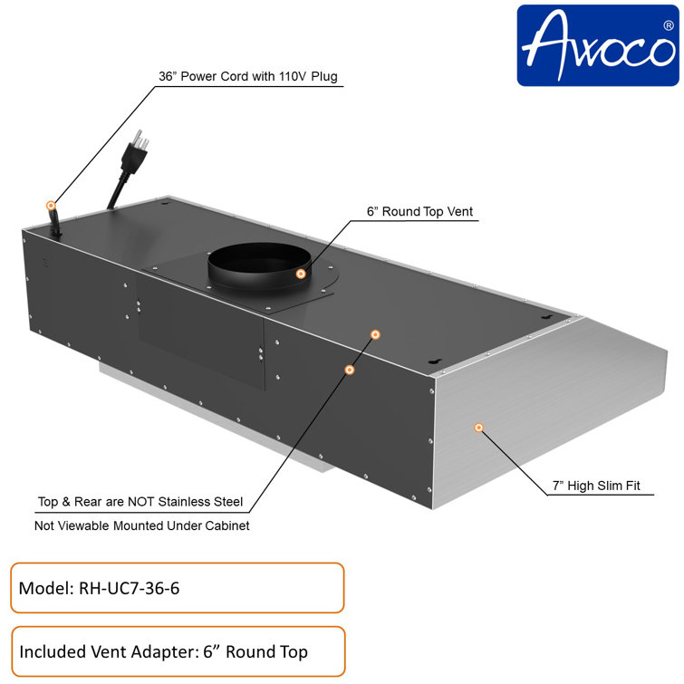 Awoco 36'' Stainless Steel Under Cabinet Range Hood with Baffle Filter